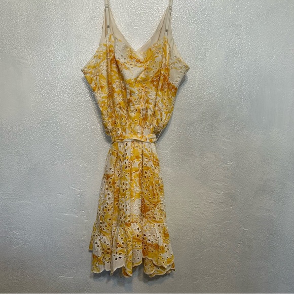 Express Printed Eyelet V Neck Tie Waist Tiered Trapeze Dress - Picture 5 of 10